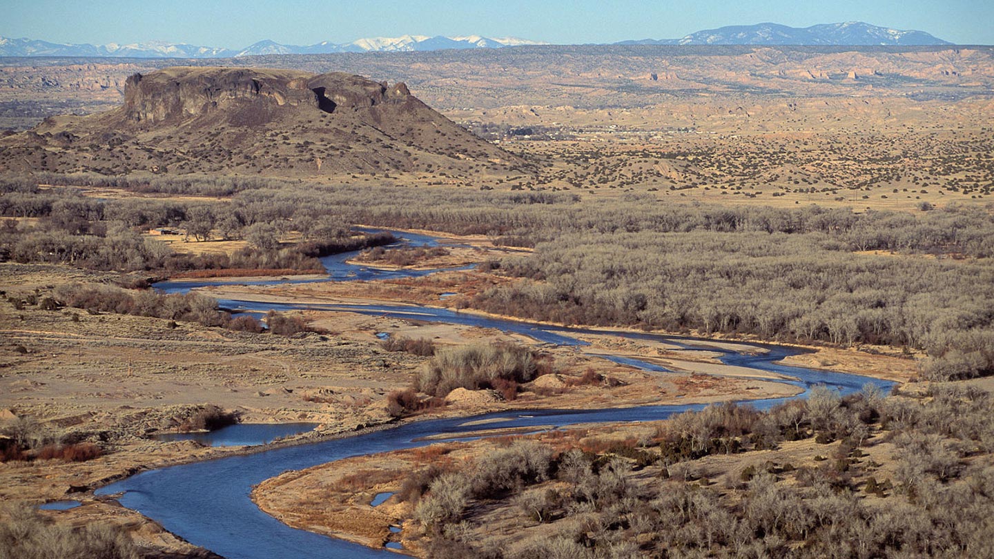 Espanola Valley, New Mexico - Black Mesa and the Rio Grande river, Espanola Valley, New Mexico